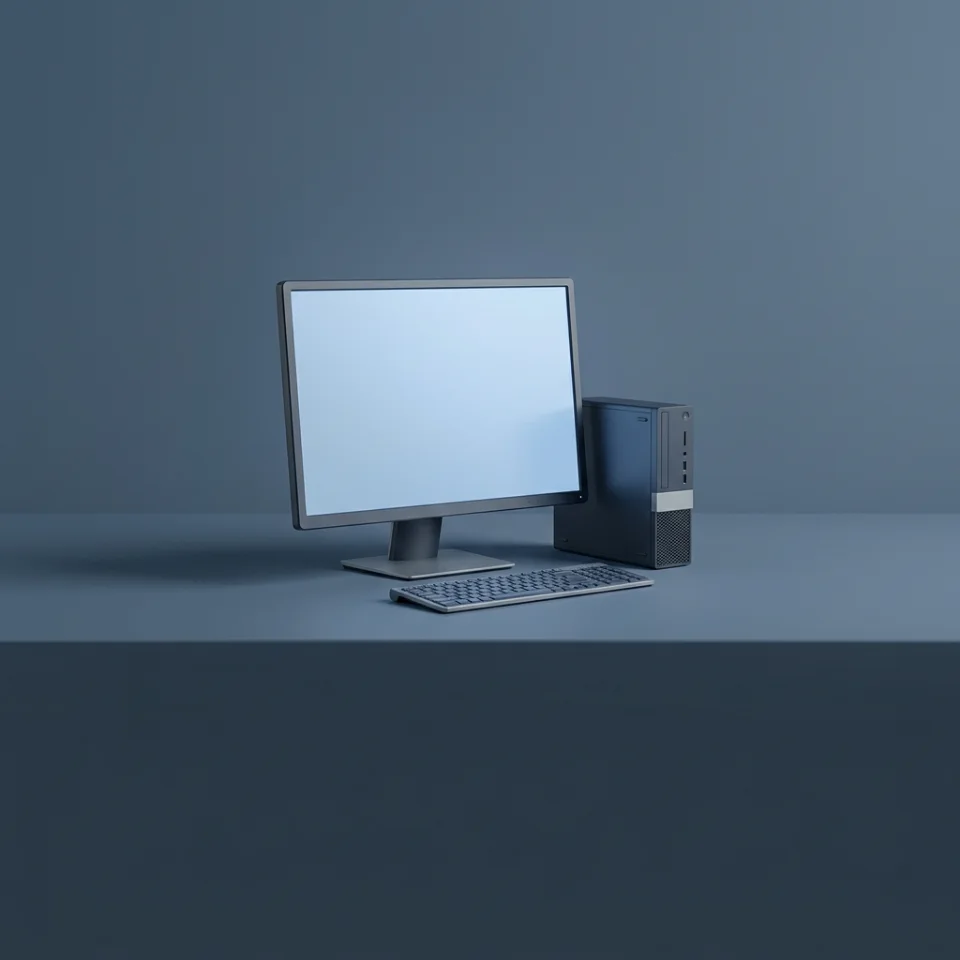 A desktop monitor, compact computer, and keyboard