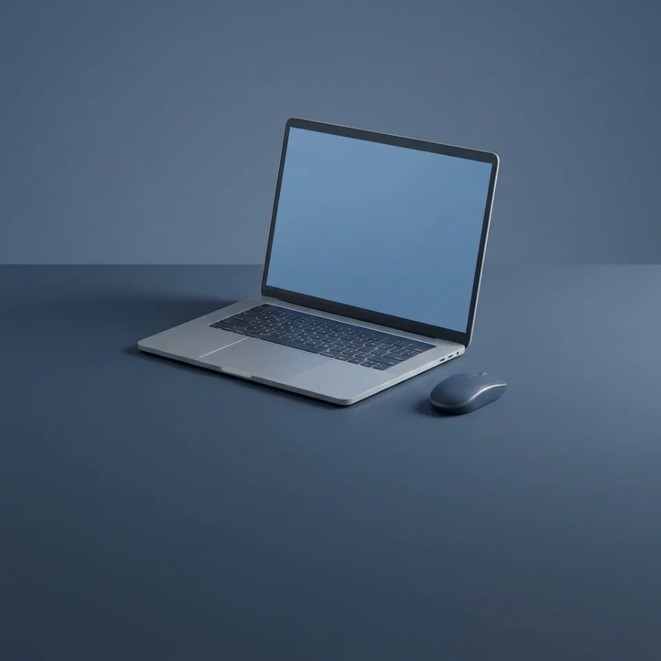 An open silver laptop and mouse