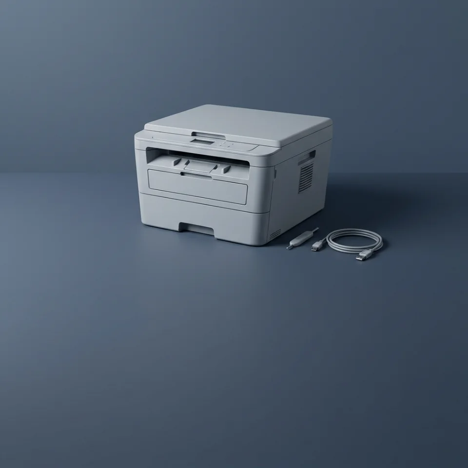 An unbranded home printer with setup accessories